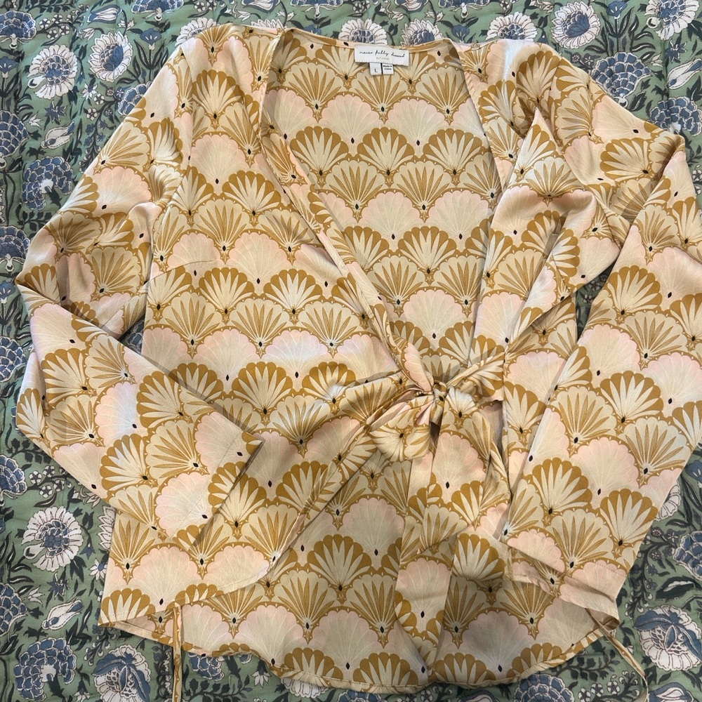 Never Fully Dressed Beige and Gold Patterned Wrap Blouse